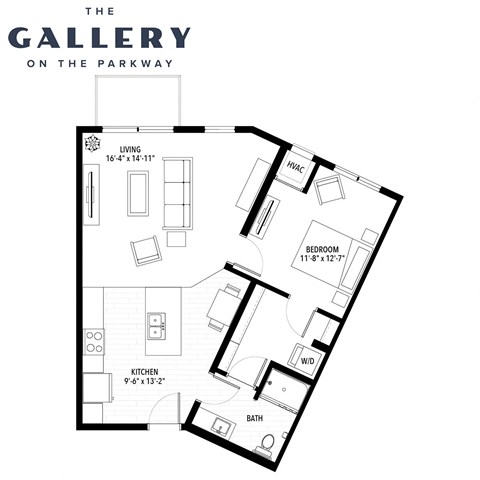 Floor plan for 1 bed, 1 bath, 796 sqft